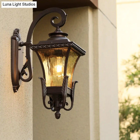 Country Style Aluminum Outdoor Wall Sconce With Water Glass Shade - Dark Coffee Lantern