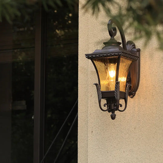 Country Style Aluminum Outdoor Wall Sconce With Water Glass Shade - Dark Coffee Lantern