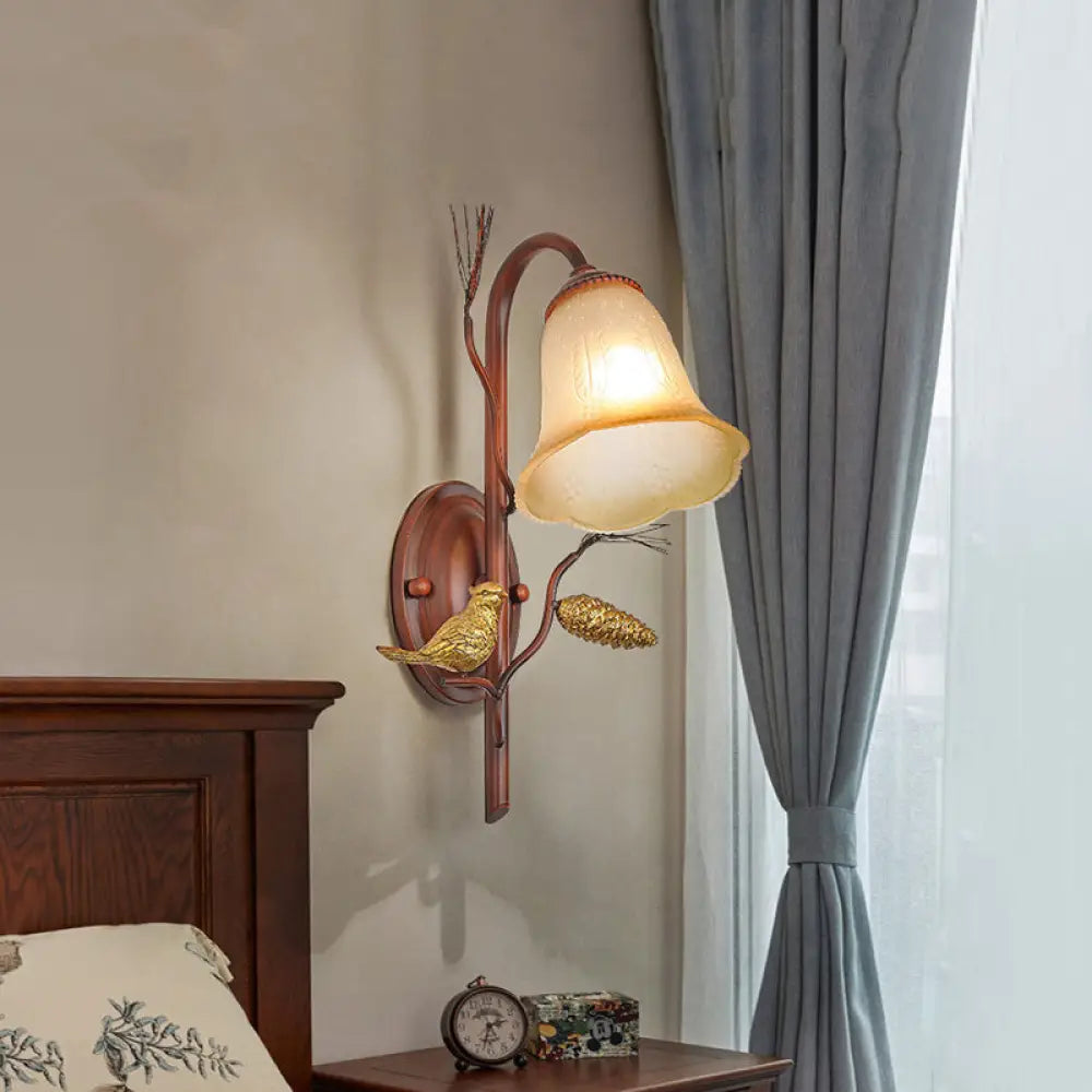 Country Style Amber Glass Wall Sconce With Bird Accent In Copper For Living Room 1 /