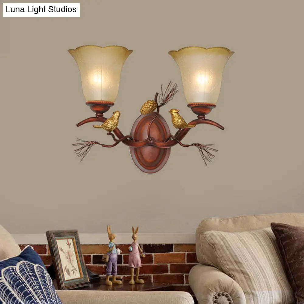 Country Style Amber Glass Wall Sconce With Bird Accent In Copper For Living Room