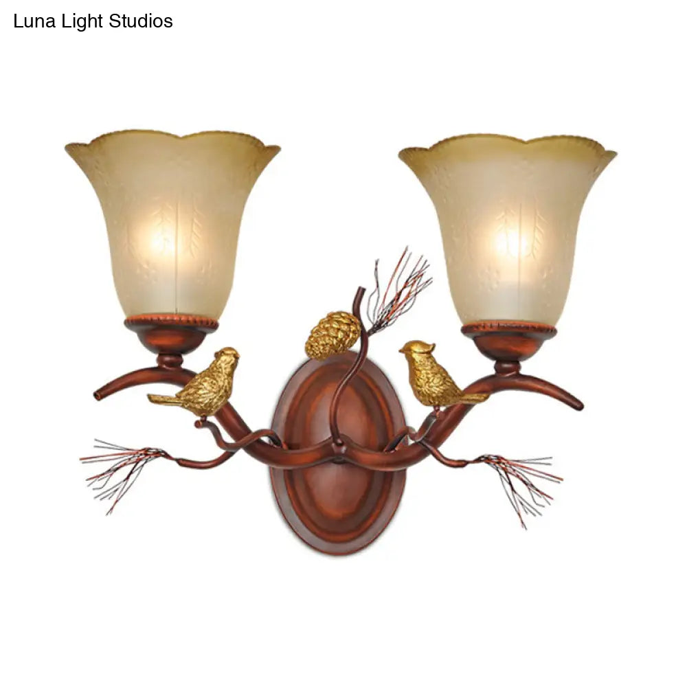 Country Style Amber Glass Wall Sconce With Bird Accent In Copper For Living Room