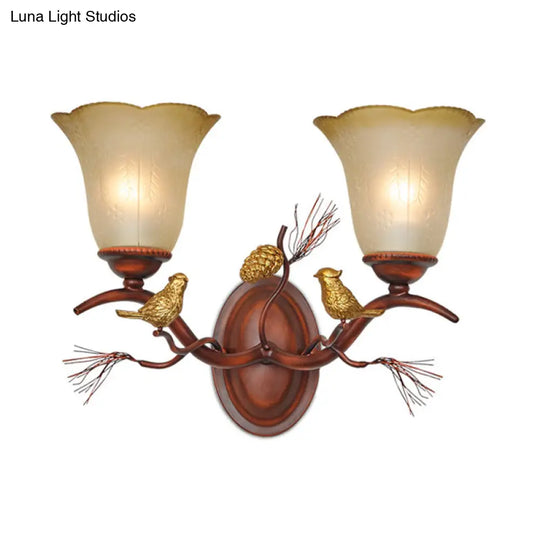 Country Style Amber Glass Wall Sconce With Bird Accent In Copper For Living Room