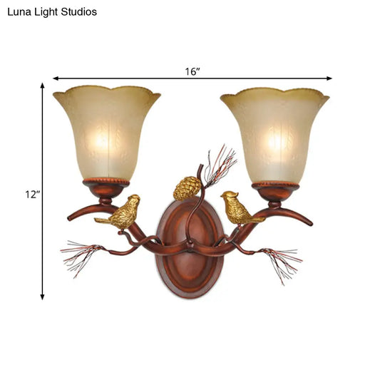 Country Style Amber Glass Wall Sconce With Bird Accent In Copper For Living Room