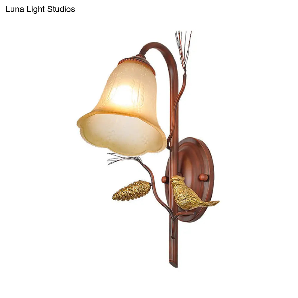 Country Style Amber Glass Wall Sconce With Bird Accent In Copper For Living Room