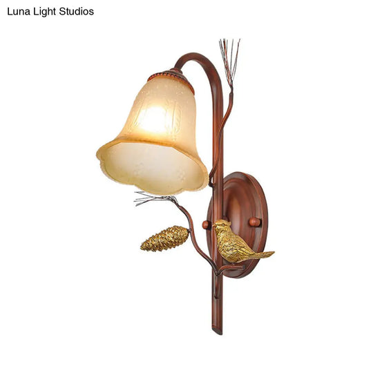 Country Style Amber Glass Wall Sconce With Bird Accent In Copper For Living Room