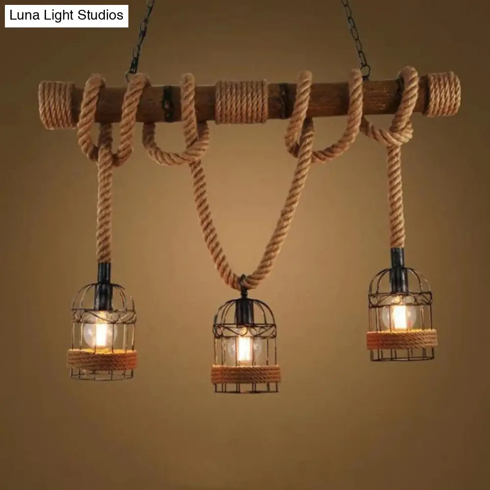 Country Style Bamboo Hanging Lamp - 3 Lights Linear Design Perfect For Restaurants With Hemp Rope