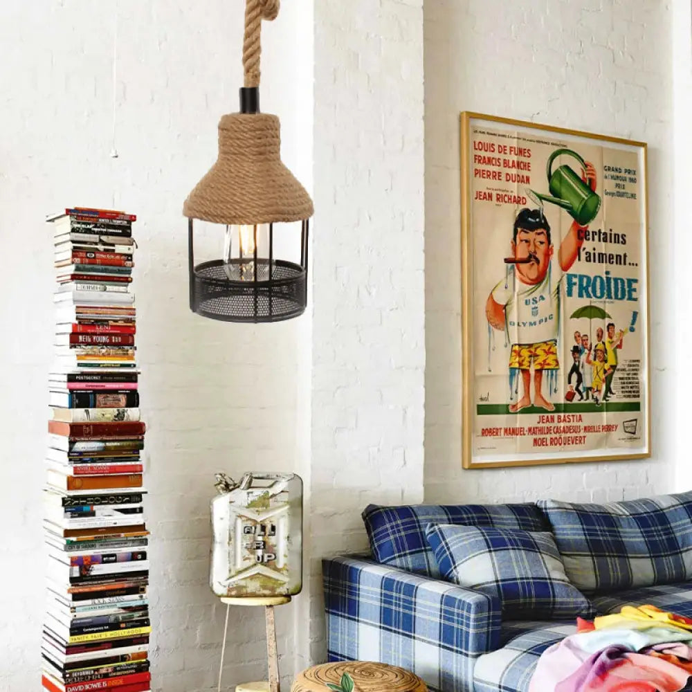 Country Style Beige Tapered Pendant Light With Rope And Mesh Detail - Indoor Hanging Lamp