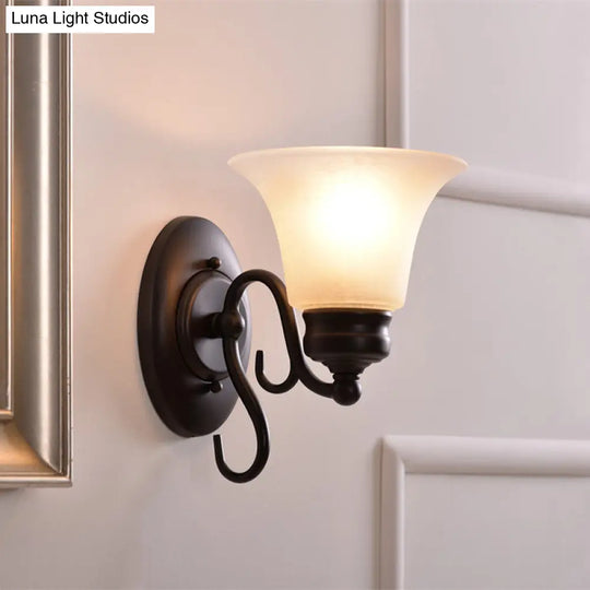 Country Style Bell White Glass Sconce With 1 Light Indoor Wall Mount Fixture In Black