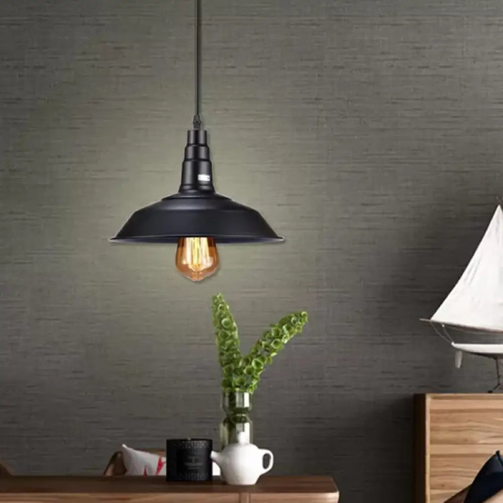 Country Style Black Barn Pendant Ceiling Light With Metal Finish - Kitchen Plug-In Pendulum (1 Bulb)