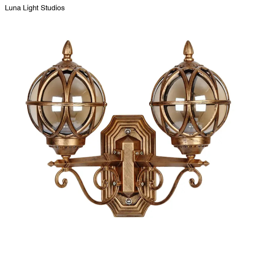 Country Style Black/Bronze Spherical Wall Lighting With Amber Glass - 2-Bulb Patio Surface Sconce