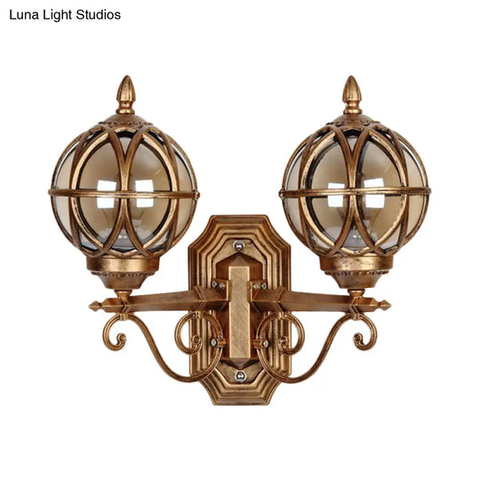 Country Style Black/Bronze Spherical Wall Lighting With Amber Glass - 2-Bulb Patio Surface Sconce