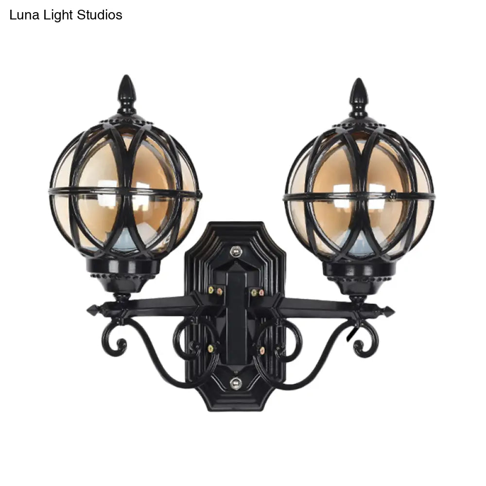 Country Style Black/Bronze Spherical Wall Lighting With Amber Glass - 2-Bulb Patio Surface Sconce