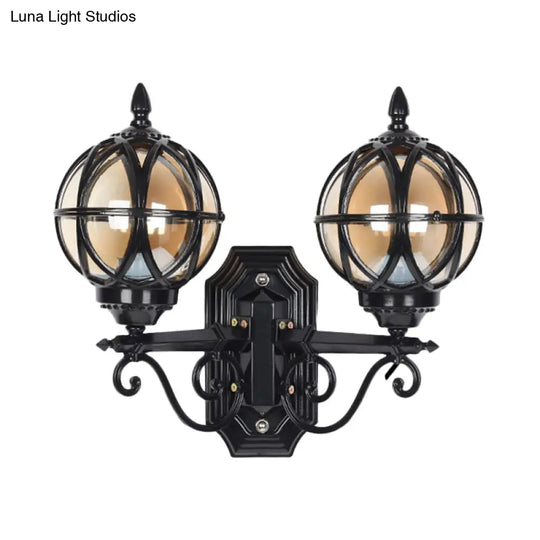 Country Style Black/Bronze Spherical Wall Lighting With Amber Glass - 2-Bulb Patio Surface Sconce