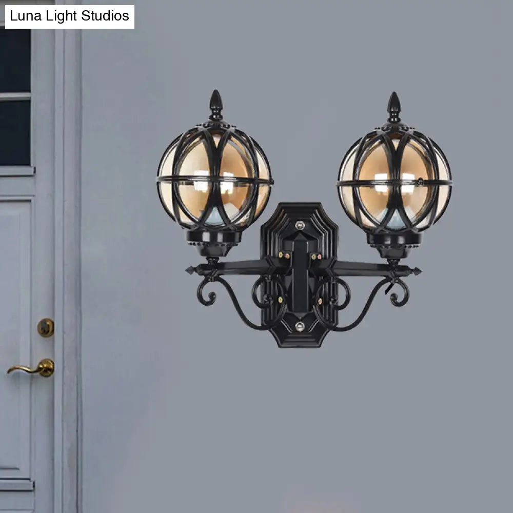 Country Style Black/Bronze Spherical Wall Lighting With Amber Glass - 2-Bulb Patio Surface Sconce