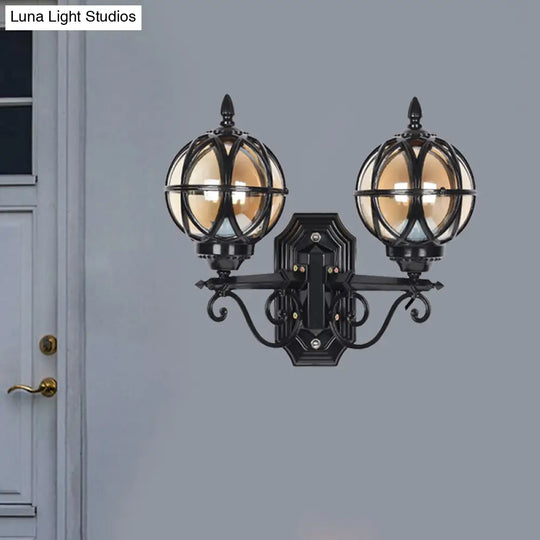 Country Style Black/Bronze Spherical Wall Lighting With Amber Glass - 2-Bulb Patio Surface Sconce