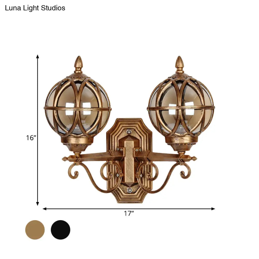 Country Style Black/Bronze Spherical Wall Lighting With Amber Glass - 2-Bulb Patio Surface Sconce