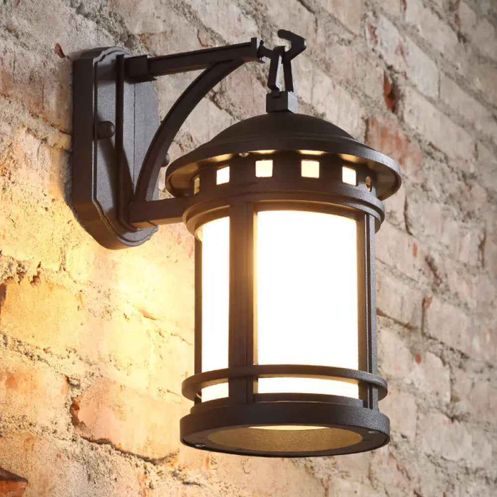 Country Style Black/Coffee Wall Lamp With Glass Cylinder For Courtyard - 1 Bulb Mounted Lighting