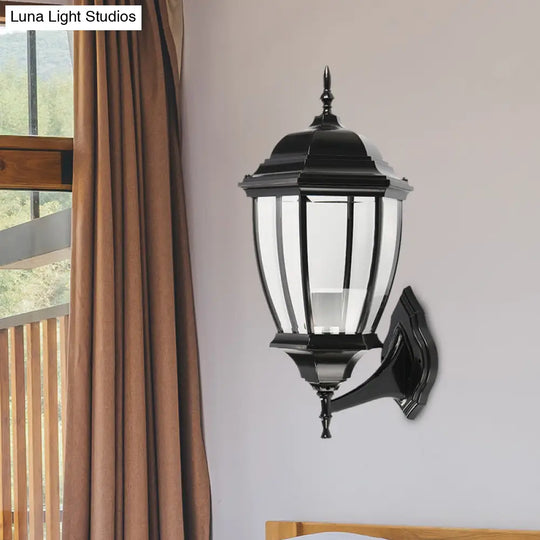 Country Style Black Glass Urn Sconce - Courtyard Wall Lamp Fixture With 1 Bulb