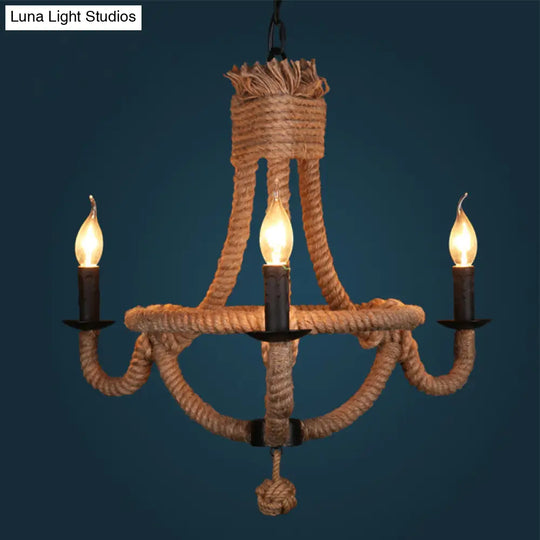 Country Style Black Metal Chandelier With 3 Candle Lights And Rope Detail