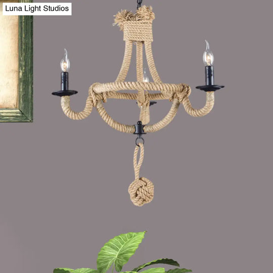 Country Style Black Metal Chandelier With 3 Candle Lights And Rope Detail