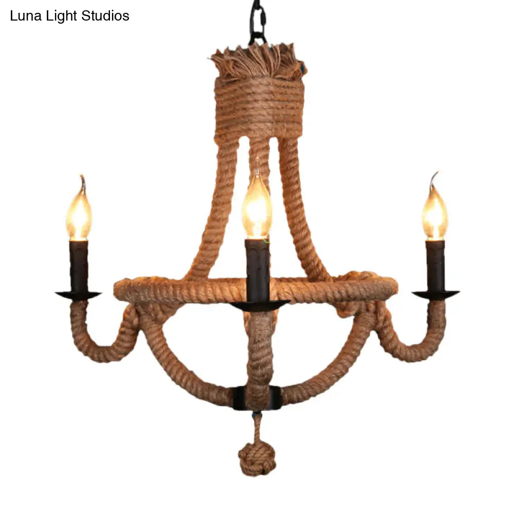 Country Style Black Metal Chandelier With Rope Detail - 3-Light Candle Pendant Light