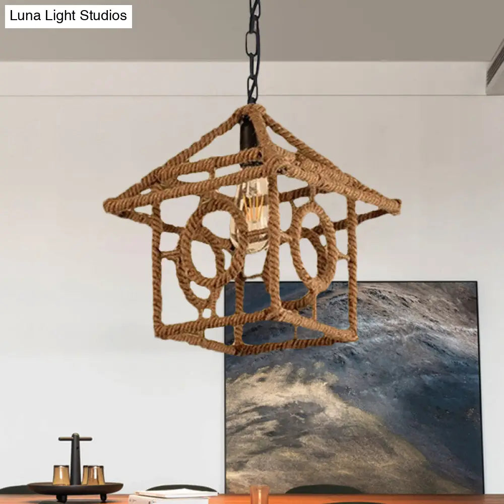 Country Style Black Metal And Rope Pendant Light - Caged Hanging Ceiling With Globe/Square Shade /