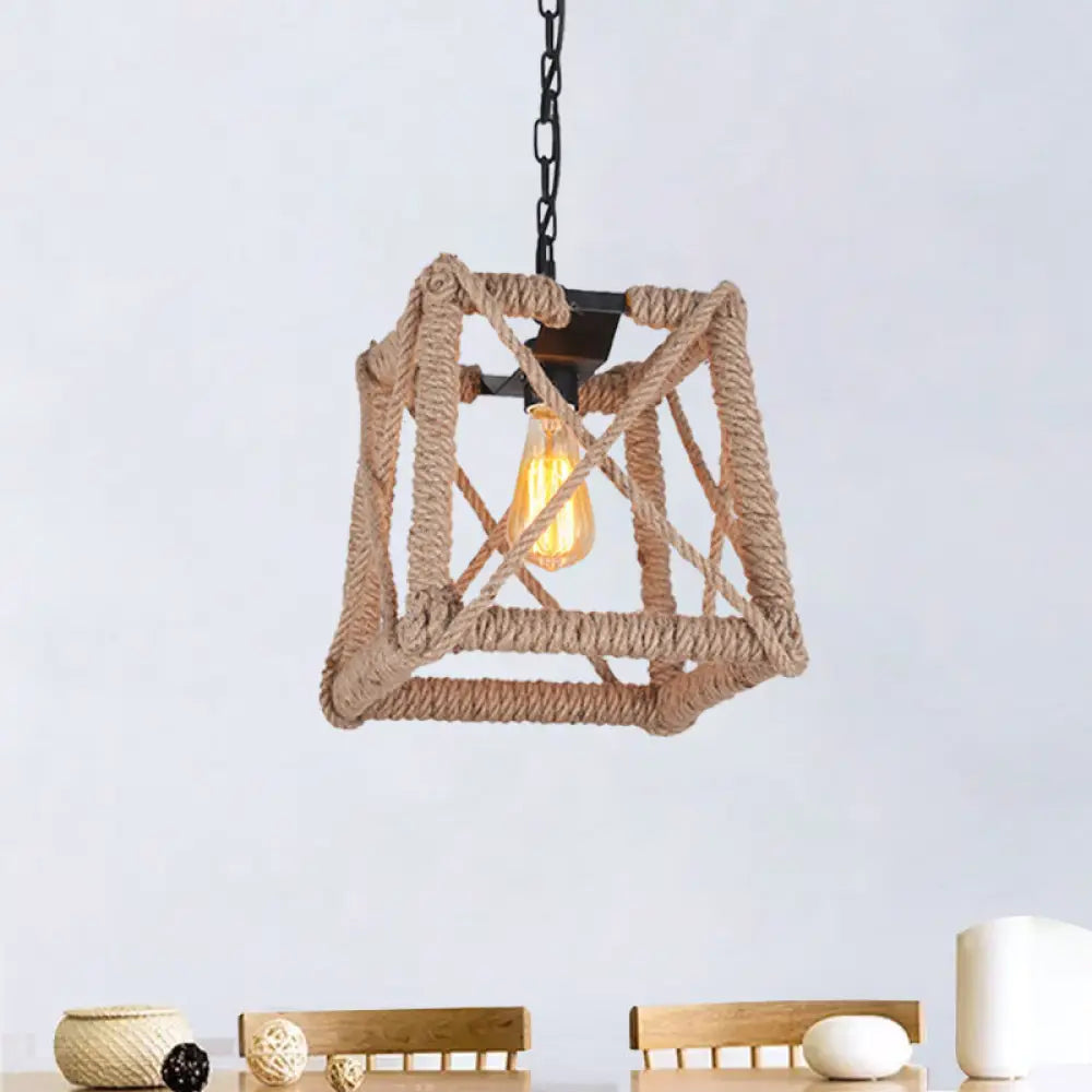 Country Style Black Metal Hanging Ceiling Light With Caged Bulb And Globe/Square Shade – Rope