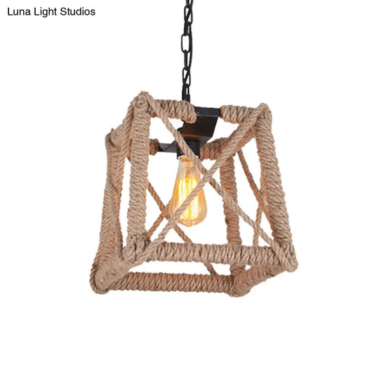 Country Style Black Metal And Rope Pendant Light - Caged Hanging Ceiling With Globe/Square Shade