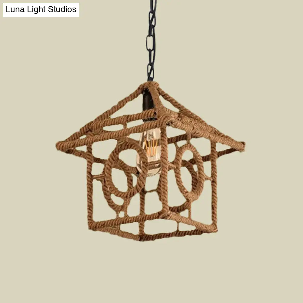 Country Style Black Metal Hanging Ceiling Light With Caged Bulb And Globe/Square Shade – Rope