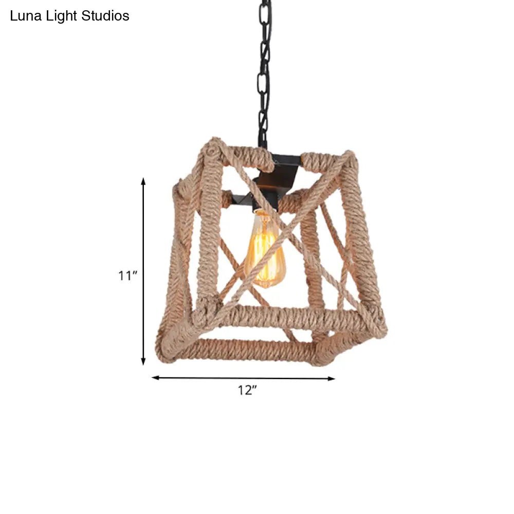 Country Style Black Metal Hanging Ceiling Light With Caged Bulb And Globe/Square Shade – Rope