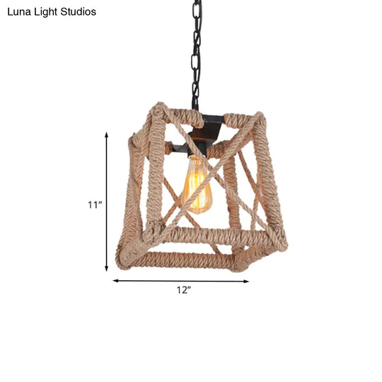 Country Style Black Metal Hanging Ceiling Light With Caged Bulb And Globe/Square Shade – Rope