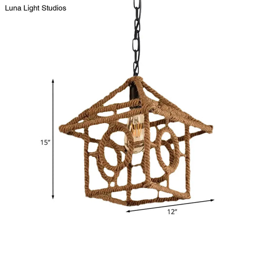 Country Style Black Metal And Rope Pendant Light - Caged Hanging Ceiling With Globe/Square Shade