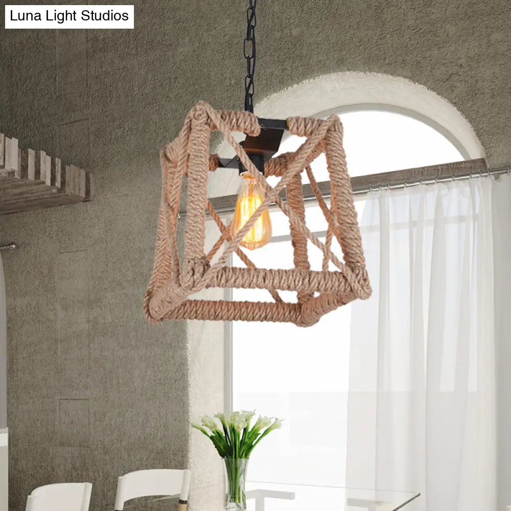 Country Style Black Metal And Rope Pendant Light - Caged Hanging Ceiling With Globe/Square Shade