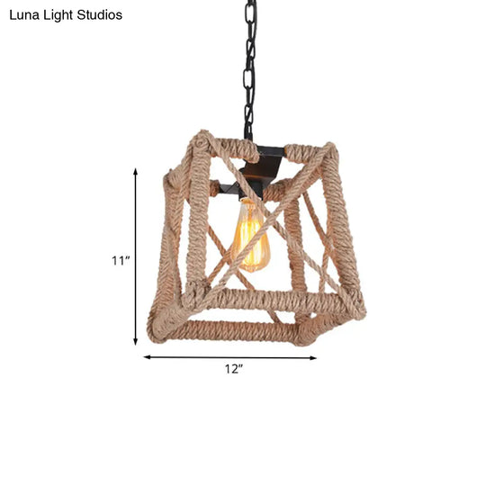 Country Style Black Metal And Rope Pendant Light - Caged Hanging Ceiling With Globe/Square Shade