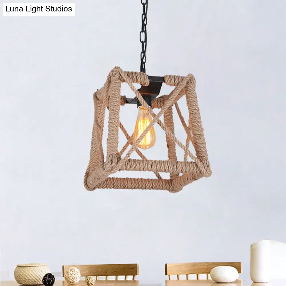 Country Style Black Metal And Rope Pendant Light - Caged Hanging Ceiling With Globe/Square Shade /