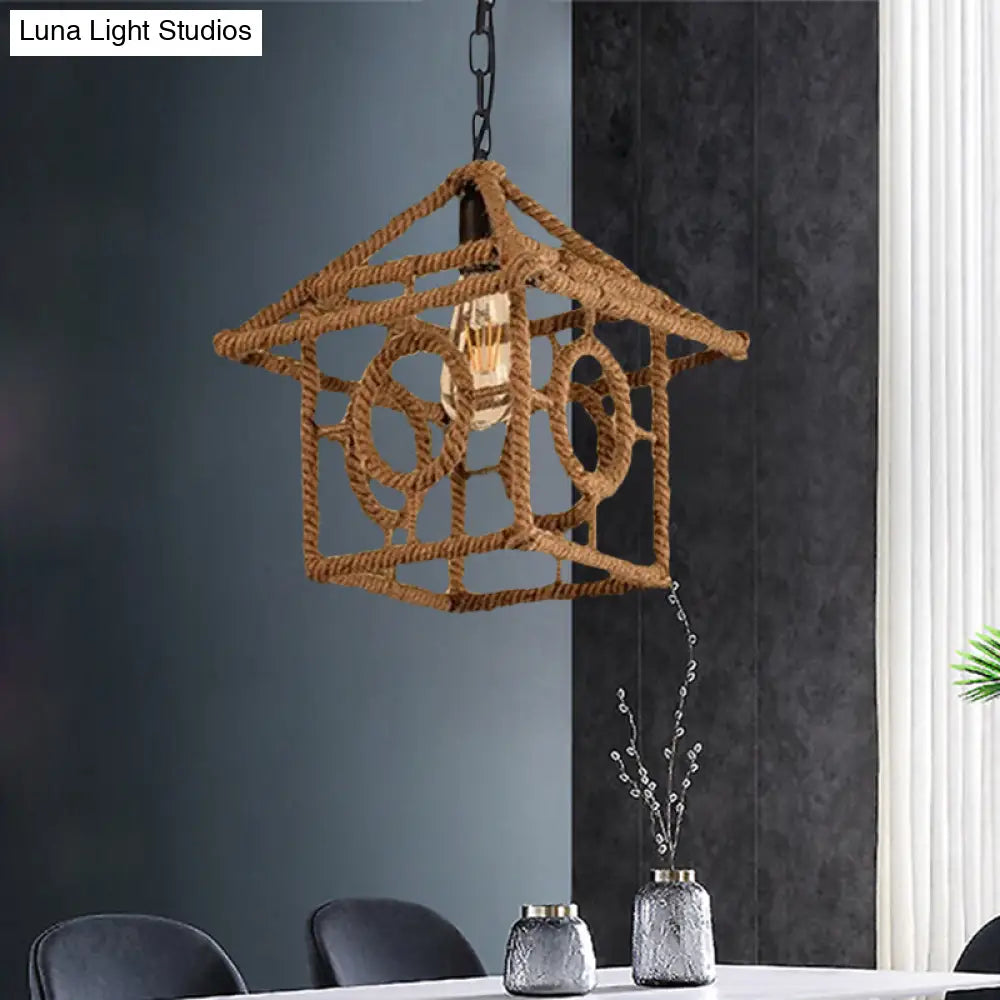 Country Style Black Metal Hanging Ceiling Light With Caged Bulb And Globe/Square Shade – Rope