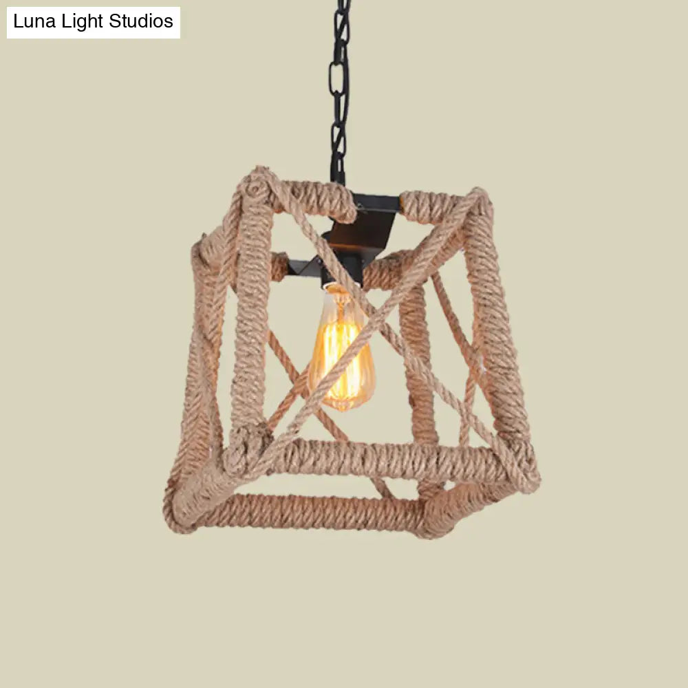 Country Style Black Metal Hanging Ceiling Light With Caged Bulb And Globe/Square Shade – Rope