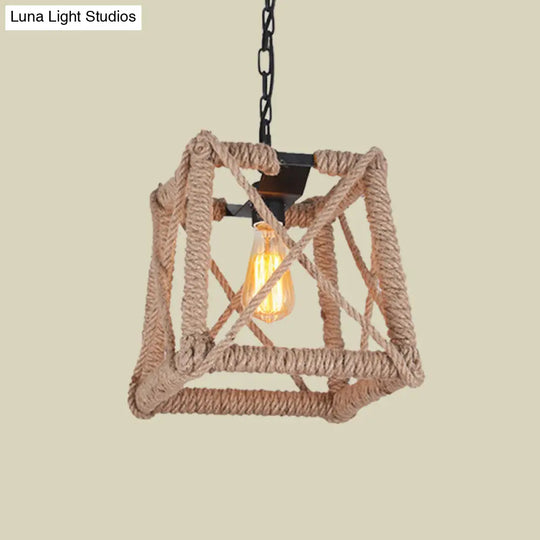 Country Style Black Metal Hanging Ceiling Light With Caged Bulb And Globe/Square Shade – Rope