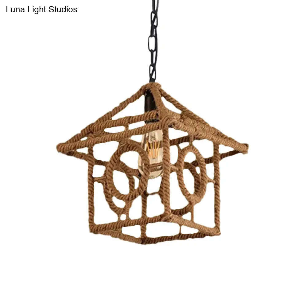 Country Style Black Metal Hanging Ceiling Light With Caged Bulb And Globe/Square Shade – Rope