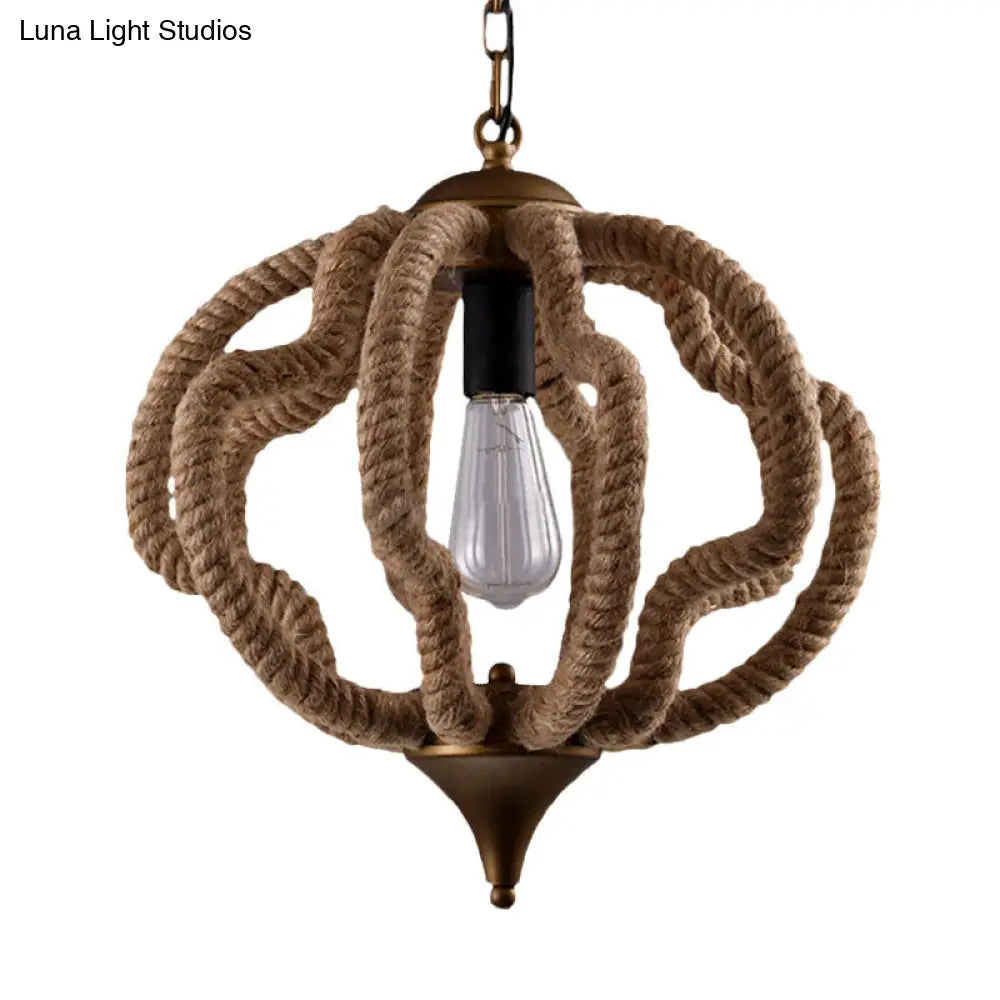 Country Style Black Metal And Rope Pendant Light - Caged Hanging Ceiling With Globe/Square Shade