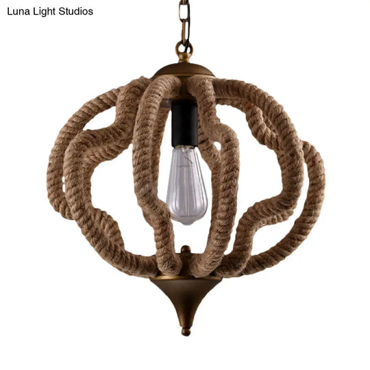 Country Style Black Metal And Rope Pendant Light - Caged Hanging Ceiling With Globe/Square Shade