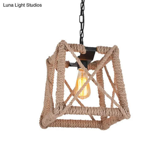 Country Style Black Metal Hanging Ceiling Light With Caged Bulb And Globe/Square Shade – Rope