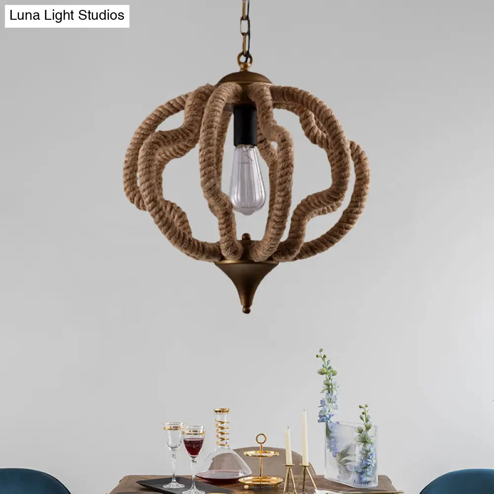 Country Style Black Metal And Rope Pendant Light - Caged Hanging Ceiling With Globe/Square Shade