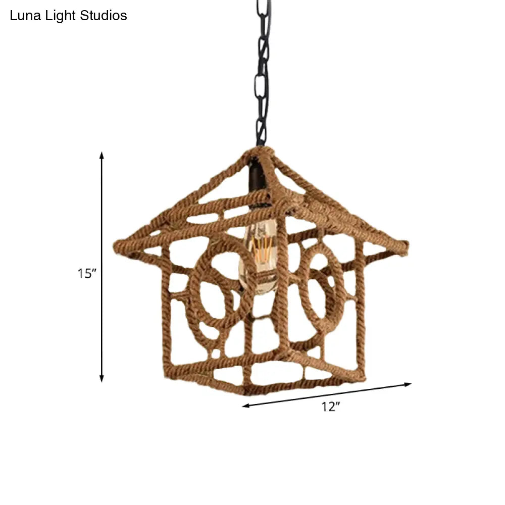 Country Style Black Metal Hanging Ceiling Light With Caged Bulb And Globe/Square Shade – Rope