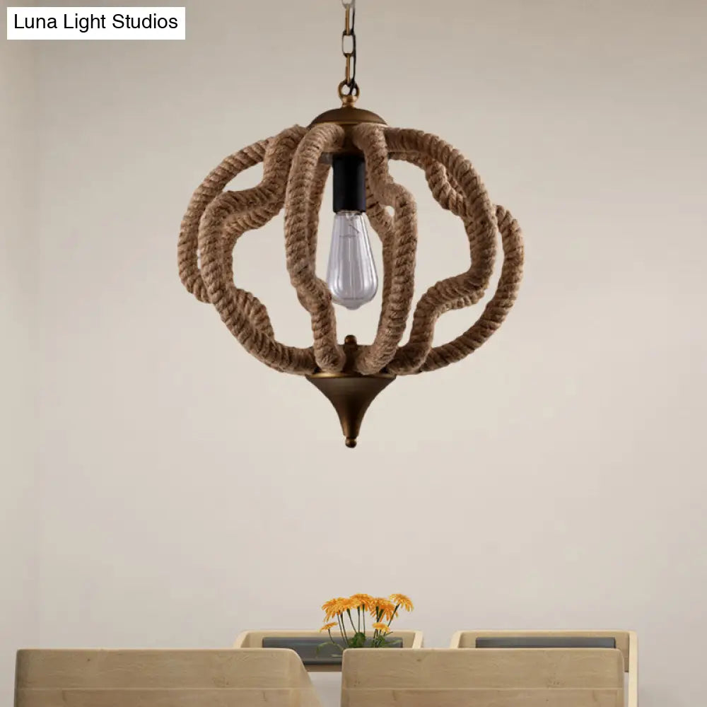 Country Style Black Metal And Rope Pendant Light - Caged Hanging Ceiling With Globe/Square Shade