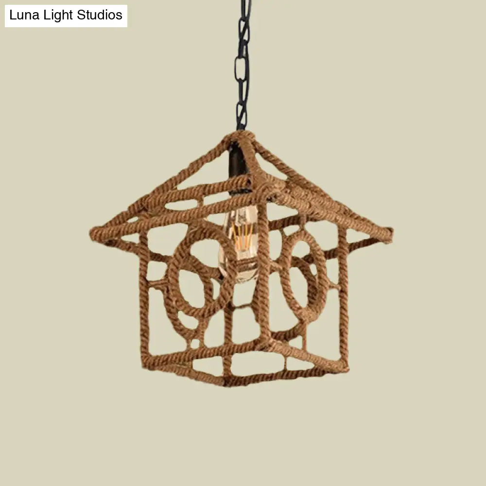 Country Style Black Metal And Rope Pendant Light - Caged Hanging Ceiling With Globe/Square Shade