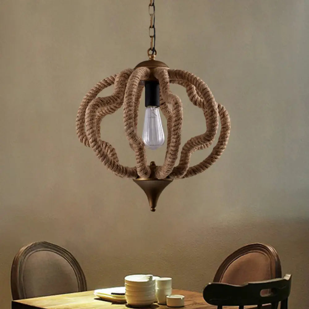 Country Style Black Metal Hanging Ceiling Light With Caged Bulb And Globe/Square Shade – Rope