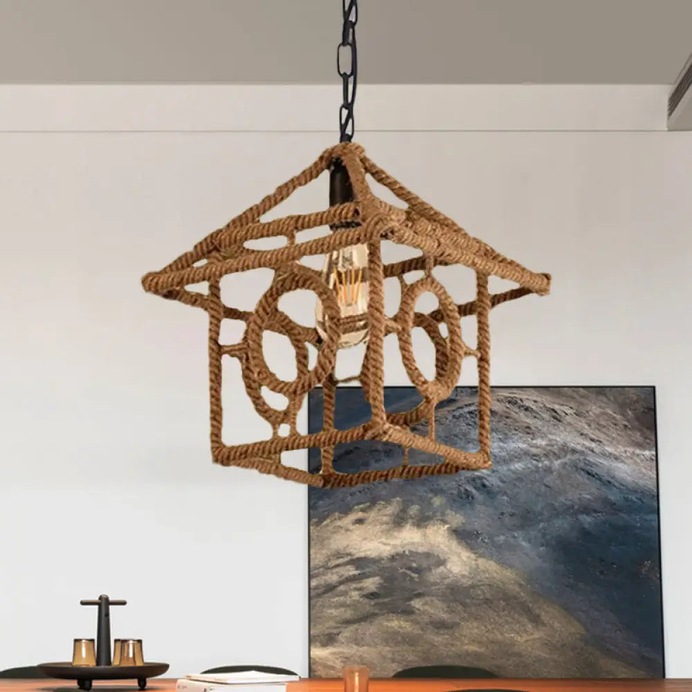 Country Style Black Metal Hanging Ceiling Light With Caged Bulb And Globe/Square Shade – Rope