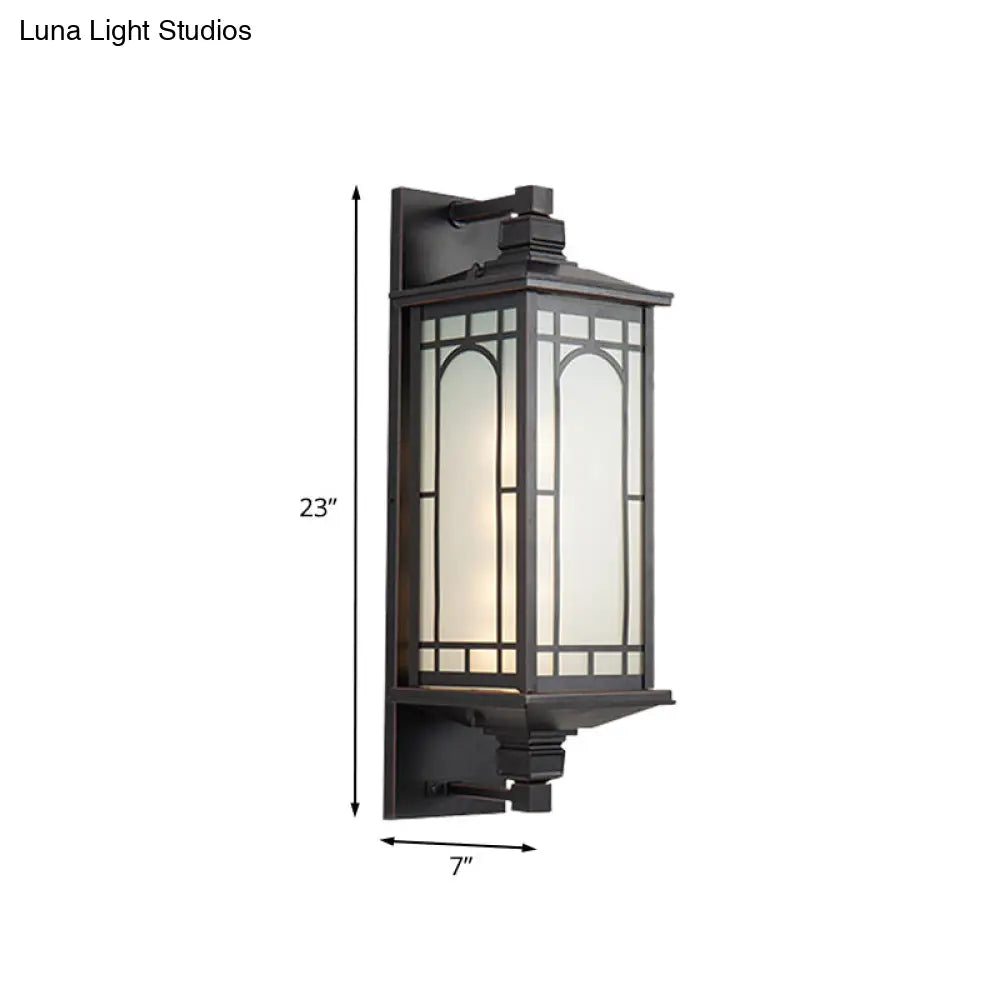 Country Style Black Wall Sconce With Opal Cuboid Glass Shade And Elegant Pattern