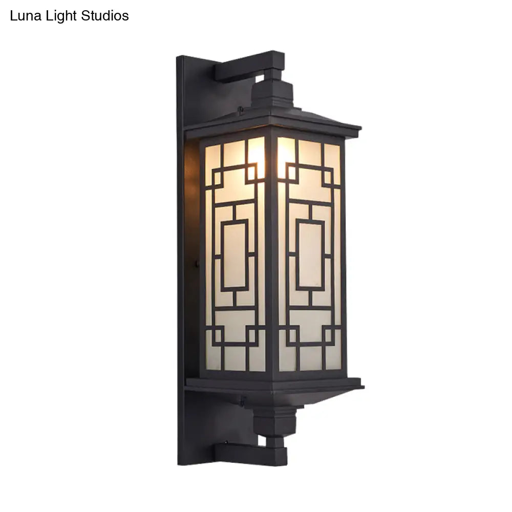 Country Style Black Wall Sconce With Opal Cuboid Glass Shade And Elegant Pattern